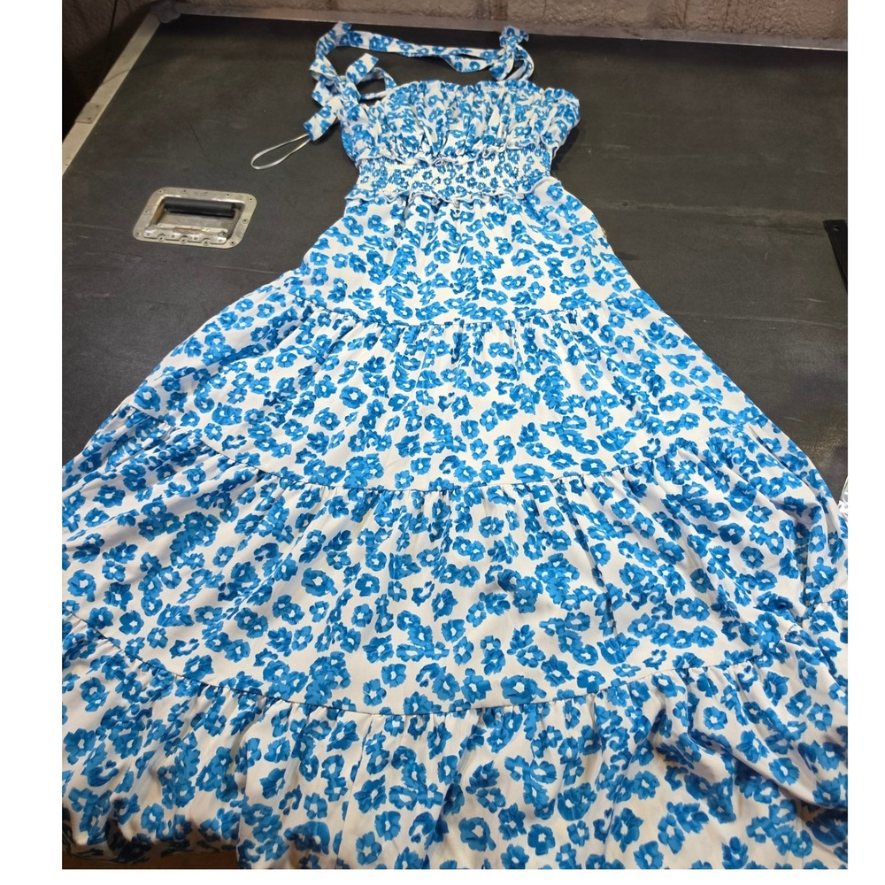 Pink Lily Blue Floral Smocked Tiered Maxi Dress Small $88 Tie Shoulder